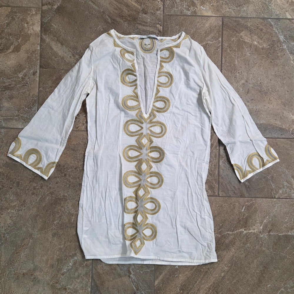 Anya Hindmarch Beach White‎ Gold Metallic Embroidered Cotton Tunic Top Small